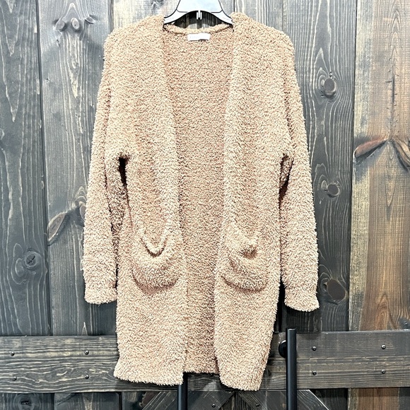 Aster Open Boucle Cardigan S Tan Camel Soft Cozy Pockets Long Sleeves Neutral - Picture 1 of 13